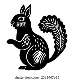 Textured squirrel hand drawn in linocut or woodcut style, silhouette vector illustration, isolated on white background