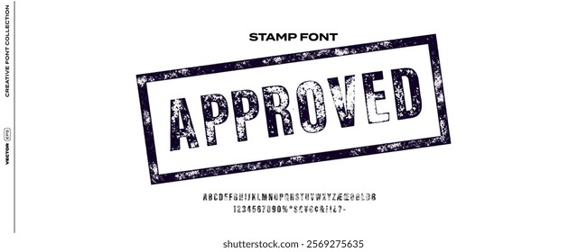 Textured stamp font with grunge and distressed effects, rough and uneven edges for vintage, retro, industrial, and official document designs