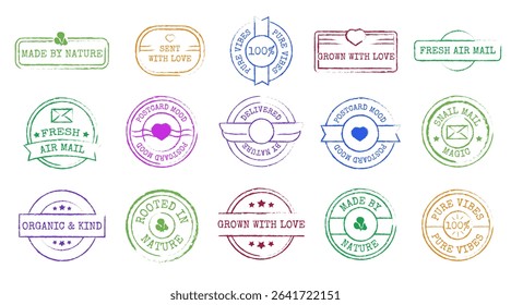 Textured Stamp Pack. Editable Label with Organic Text, Retro Postmarks for Mail Design, Vector Set