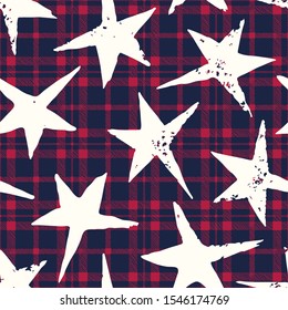 Textured Stamped Linocut White Stars on Buffalo Plaid Checkered Background Vector Seamless Pattern. American Checks, Plaid Print Perfect for Fashion, Home decor, Stationery