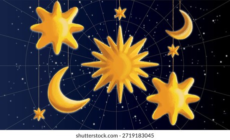 Conjunto de estrelas texturizado. Lindos desenhos de giz de cera. Silhueta de estrelas de estilo giz. Silhuetas retrô de estrela de esboço no céu estrelado
