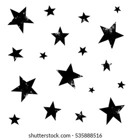 Textured stars background, pattern, wallpaper. Grunge space halftone texture. Black and white galaxy star set. Hand drawn vector illustration