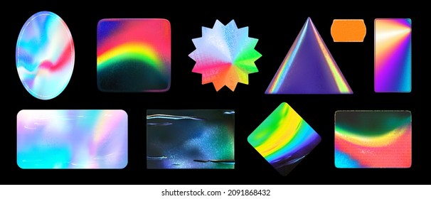 Textured sticker backgrounds. Iridescent foil adhesive film, holographic stickers mockup and realistic holo material gradient texture vector set