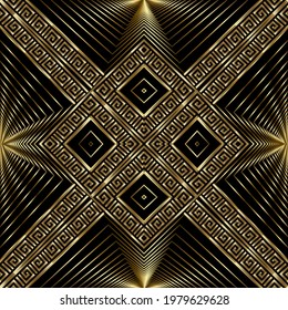 Textured striped 3d seamless pattern. Surface ornamental vector background. Geometric tribal ethnic repeat backdrop. Modern gold lines design. Greek key, meanders golden rhombus line art ornaments.