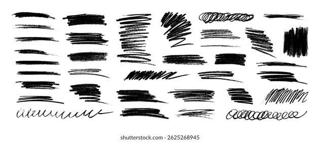 Textured strokes, underlines, scribbles with charcoal or chalk, Creative stripes and strokes of different shapes. Charcoal doodles, brush stroke and shading of different shapes. Vector graphic set
