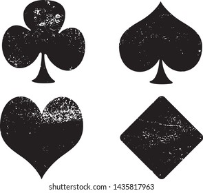 Textured suits of playing cards: Hearts, Spades, Diamonds, Clubs. Grunge texture suits of pocker cards. Vector illustration. Black french card suit symbols isolated on white background. EPS10.