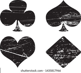 Textured suits of playing cards: Hearts, Spades, Diamonds, Clubs. Grunge texture suits of pocker cards. Vector illustration. Black french card suit symbols isolated on white background. EPS10.