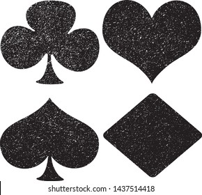 Textured suits of playing cards: Hearts, Spades, Diamonds, Clubs. Grunge texture suits of pocker cards. Vector illustration. Black french card suit symbols isolated on white background. EPS10.