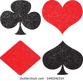 Textured suits of playing cards: Hearts, Spades, Diamonds, Clubs. Grunge texture suits of pocker cards. Vector illustration. French card suit symbols isolated on white background. EPS10.