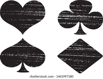 Textured suits of playing cards: Hearts, Spades, Diamonds, Clubs. Grunge texture suits of pocker cards. Vector illustration. French card suit symbols isolated on white background. EPS10.