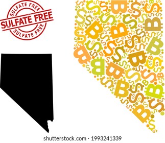 Textured Sulfate Free stamp seal, and bank mosaic map of Nevada State. Red round seal has Sulfate Free caption inside circle. Map of Nevada State mosaic is done of investment, dollar, BTC god items.