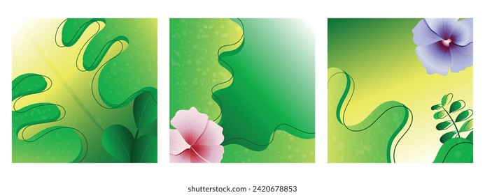 Textured Summer banners, posters or covers with abstract tropical leaves and typography. Design templates for branding, advertising, promo events and sale. Tropical set in minimalist style.