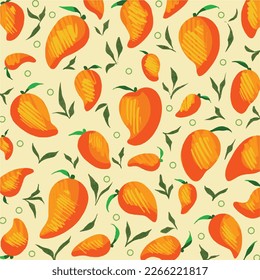 Textured summer orange mango fruit pattern vector background isolated on square yellow template for social media post, scarf and paper or fabric textile print, poster, greeting card, wrapping paper.