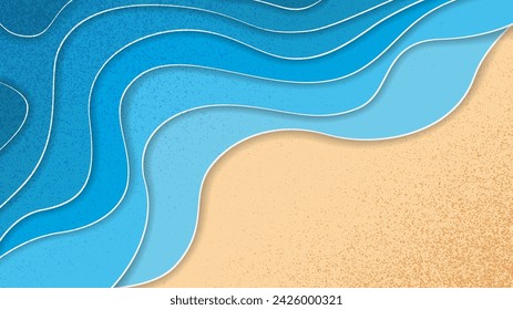 Textured summer paper cut vector background with blue wavy water and beige grainy beach. Cute cutout tropical wallpaper for travel advertisement, nature banner design