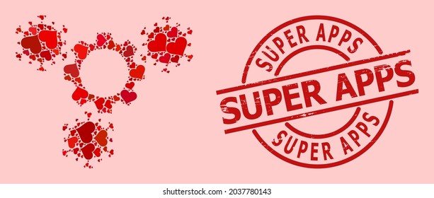 Señal de Super Apps texturizada, y mosaico de corazón de amor rojo para engranajes de virus. La placa roja redonda incluye el título de las Super Apps dentro del círculo. El mosaico de los indicadores de virus se realiza con símbolos rojos románticos.