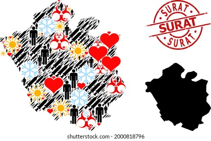 Sello texturizado del sello de Surat, y mapa de collage de jeringas para personas de invierno de la ciudad de Chandigarh. El sello rojo redondo incluye el texto Surat dentro del círculo. Mapa del collage de la ciudad de Chandigarh hecho de frío, primavera,