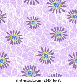 textured surface with abstract purple flower seamless vector pattern. lowers with line art texture surface seamless vector pattern. Suitable or textile, fabric, printing and much more.