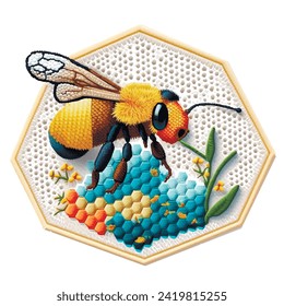 Textured surface colorful 3d bee on the honeycomb. Vector ornamental insect background illustration. Beautiful bright embroidery ornaments. Decorative modern design for logo, embles, clothing, prints.