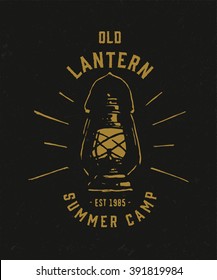 Textured T shirt Apparel Graphics Fashion Print. Retro Tee Badge Design With Distressed Effect. Old Lantern Summer Camp Outdoor Themed Vintage Americana Style. Hand Made Vector Illustration.