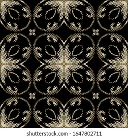 Textured tapestry gold Damask vector seamless pattern. Grunge ornamental Baroque background. Embroidery vintage flowers ornament. Zigzag lines, shapes, stitching. Embroidered floral carpet texture.