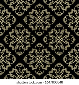 Tapicería texturada de oro Damasco vectorial sin fisuras. Borracho de fondo barroco ornamental. Ornamento de flores vintage doradas bordados. Líneas, formas, coser. Textura floral bordada.