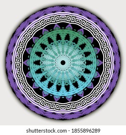 Textured tapestry lace mandala pattern. Colorful grunge floral greek background. Vector tribal ethnic style embroidery ornament.  Geometric shapes, lines, flowers, circles. Greek key, meander, frame.