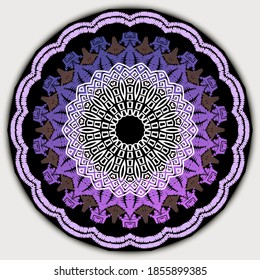Patrón mandala de encaje texturizado. Fondo gris florido y colorido. Ornamento de bordado de estilo étnico vectorial.  Formas geométricas, líneas, flores, círculos. Llave griega, liso, marco.