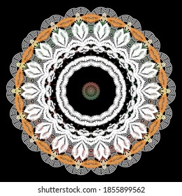 Patrón mandala de encaje texturizado. Fondo gris florido y colorido. Ornamento de bordado de estilo étnico vectorial.  Formas geométricas, líneas, flores, círculos. Llave griega, liso, marco.