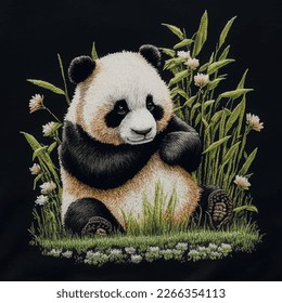 Textured tapestry a little sad panda sitting on green grass. Embroidery cute panda background illustration. Decorative embroidered stitch textured design. For craft, home decor, print, applique.