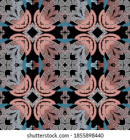 Textured tapestry seamless pattern. Colorful grunge floral greek background. Vector tribal ethnic style repeat embroidery ornament.  Geometric shapes, lines, flowers. Greek key, meanders, frames.