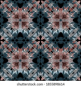 Textured tapestry seamless pattern. Colorful grunge floral greek background. Vector tribal ethnic style repeat embroidery ornament.  Geometric shapes, lines, flowers. Greek key, meanders, frames.