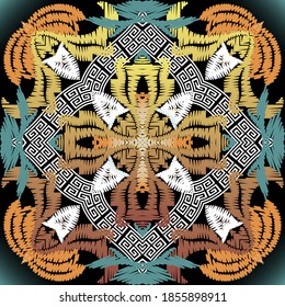Patrón sin costuras de tapicería texturada. Fondo gris florido y colorido. El estilo étnico de la tribu vectorial repite el adorno de bordado.  Formas geométricas, líneas, flores. Llave griega, meandros, marcos.