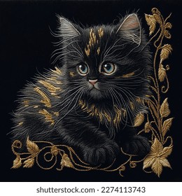 Texturierte Tapestry süße schwarze Kätzchen mit blauen Augen. Stickerei schöne junge Katze. Stickereien auf der goldenen Oberfläche mit satinierten Schnittblumen, Blättern. Ornate florale Textur mit Stickereieffekt. Vektordesign.