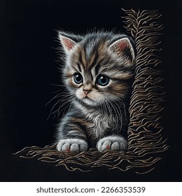 Textured tapestry sweet kitten with blue eyes. Embroidery beautiful young cat for applique, decoupage, design.  Embroidered satin stitch kitten with blue eyes. Ornate texture with embroidery effect.
