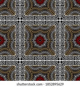 Textured tartan seamless pattern. Tribal ethnic vector background. Geometric greek key, meanders abstract ornament with symbols, signs, shapes, borders. Ornate repeat texture. Plaid checkered design.