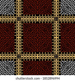 Textured tartan seamless pattern. Tribal ethnic vector background. Geometric greek key, meanders abstract ornament with symbols, signs, shapes, borders. Ornate repeat texture. Plaid checkered design.