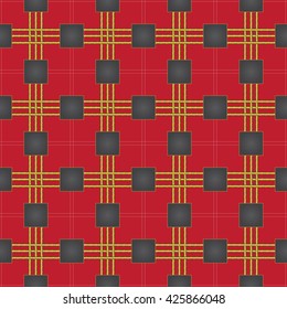 Textured tartan/plaid, vector pattern that can be seamlessly tiled. The black squares are connected by yellow lines.