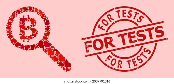 Sello de sello de Textured For Tests y patrón de corazón de amor rojo para auditoría de bitcoin. El sello rojo redondo contiene el título For Tests dentro del círculo. El collage de auditoría de bitcoin está diseñado con elementos de color rojo.