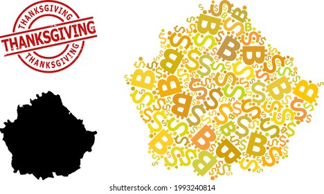 Textured Thanksgiving seal, and banking collage map of Cuenca Province. Red round stamp seal includes Thanksgiving caption inside circle. Map of Cuenca Province collage is organized of investment,