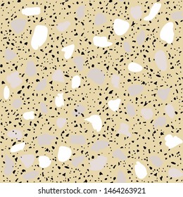 Textured tiles of Granito mosaics. Terrazzo encaustic decor styles of recycled glass, natural stone, granite, marble, metal.  Geometric seamless pattern. Modern vector illustration in beige color.