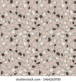 Textured tiles of Granito mosaics. Terrazzo encaustic decor styles of recycled glass, natural stone, granite, marble, metal.  Geometric seamless pattern. Modern vector illustration in beige color.