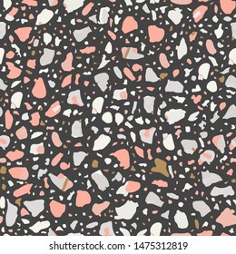 Textured tiles of Granito mosaics. Terrazzo encaustic decor styles of recycled glass, natural stone, granite, marble, metal.  Geometric seamless pattern. Modern vector illustration in dark colour.