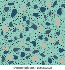 Textured tiles of Granito mosaics. Terrazzo encaustic decor styles of recycled glass, natural stone, granite, marble, metal.  Geometric seamless pattern. Modern vector illustration in blue colour.