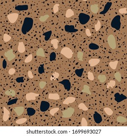 Textured tiles of Granito mosaics. Terrazzo encaustic decor styles of recycled glass, natural stone, granite, marble, metal.  Geometric seamless pattern. Modern vector illustration in brown color.