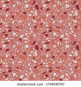 Textured tiles of Granito mosaics. Terrazzo encaustic decor styles of recycled glass, natural stone, granite, marble, metal.  Geometric seamless pattern. Modern vector illustration in pink colour.