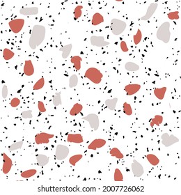 Textured tiles of Granito mosaics. Terrazzo encaustic decor styles of recycled quartz, glass, marble.  Geometric seamless pattern. Modern vector illustration in coral colour on white background.