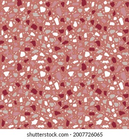 Textured tiles of Granito mosaics. Terrazzo encaustic decor styles of recycled glass, natural stone, granite, marble, metal.  Geometric seamless pattern. Modern vector illustration in coral colour.