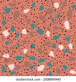 Textured tiles of Granito mosaics. Terrazzo encaustic decor styles of recycled glass, natural stone, granite, marble, metal.  Geometric seamless pattern. Modern vector illustration in dark colour.