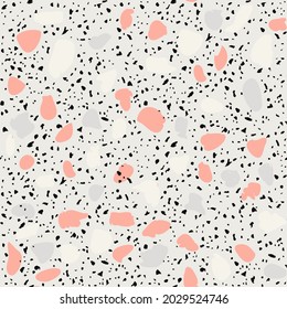 Textured tiles of Granito mosaics. Terrazzo encaustic decor styles of recycled glass, natural stone, granite, marble, metal.  Geometric seamless pattern. Modern vector illustration in gray colours.