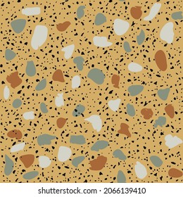 Textured tiles of Granito mosaics. Terrazzo encaustic decor styles of recycled glass, natural stone, granite, marble, metal.  Geometric seamless pattern. Modern vector illustration in orange color.